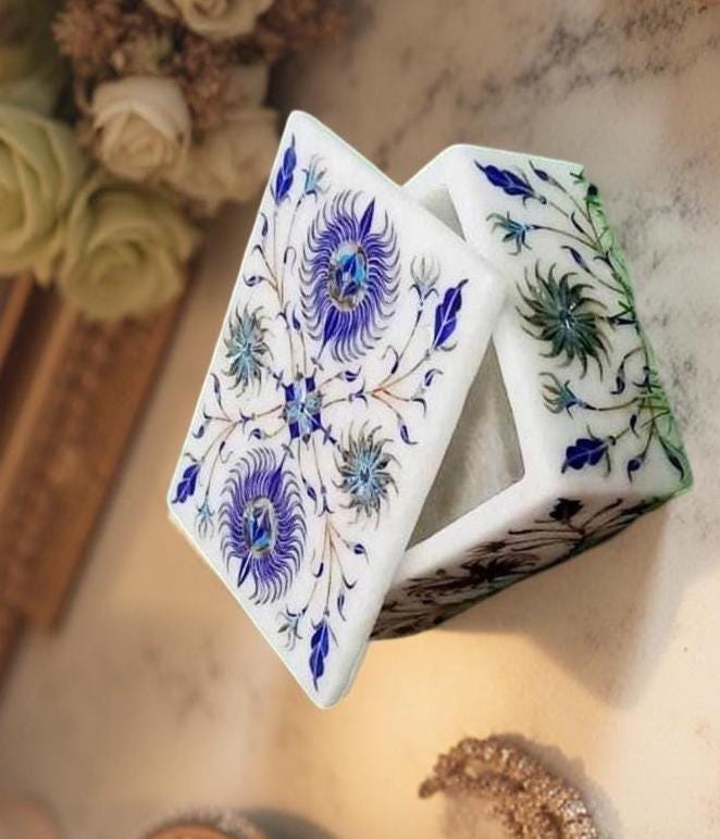 White Marble Jewelry Box – Lapis Inlay Floral Pietra Dura Art, Handmade Stone Keepsake Gift for Her, Luxury Decor Unique Handicrafts IND