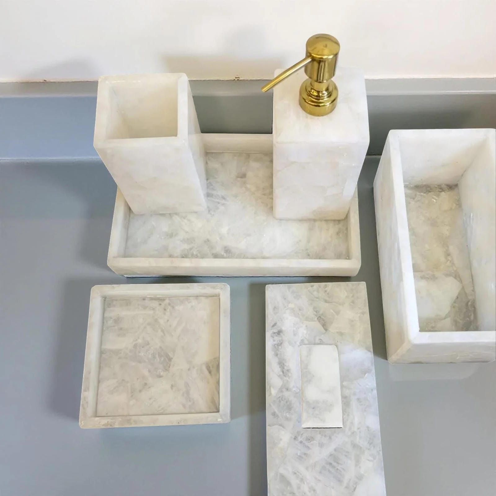Quartz Bathroom Set, Agate Vanity Accessories, Stone Bathroom Decor, Soap Dispenser Set, Luxury Bathroom Set, Vanity Tray Sale Online Unique Handicrafts IND