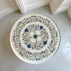 White Marble Coffee Table with Lapis Lazuli Inlay – Handmade Semi-Precious Stone Art Table – Luxury Living Room Decor Unique Handicrafts IND