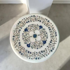 White Marble Coffee Table with Lapis Lazuli Inlay – Handmade Semi-Precious Stone Art Table – Luxury Living Room Decor Unique Handicrafts IND