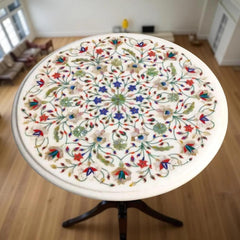 Round Marble Coffee Table – Mid Century Modern Semi Precious Inlay Arts for Living Room – Minimalist Home Decor Furniture Unique Handicrafts IND