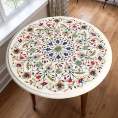 Round Marble Coffee Table – Mid Century Modern Semi Precious Inlay Arts for Living Room – Minimalist Home Decor Furniture Unique Handicrafts IND