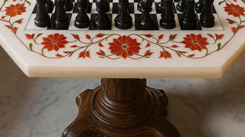 Marble Chess Set Game Table with Pieces – Carnelian Inlay Art | Christmas Gift Idea | Unique Birthday Gift for Son | Chess Table Unique Handicrafts IND