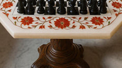 Marble Chess Set Game Table with Pieces – Carnelian Inlay Art | Christmas Gift Idea | Unique Birthday Gift for Son | Chess Table Unique Handicrafts IND