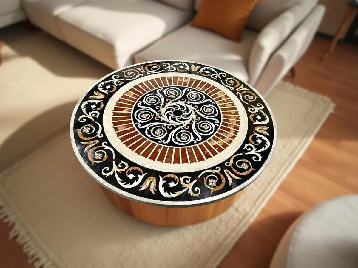 Black Marble Round Coffee Table – Handmade Modern Accent Table for Living Room or Kitchen Decor Interior Gift Her Wedding Unique Handicrafts IND