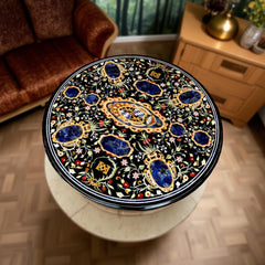 Black Marble Table with Lapis Lazuli Inlay – Handmade Floral Marquetry Semi-Precious Stone Art Decor Unique Handicrafts IND