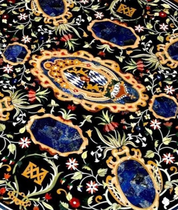 Black Marble Table with Lapis Lazuli Inlay – Handmade Floral Marquetry Semi-Precious Stone Art Decor Unique Handicrafts IND