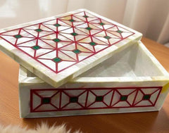 Handmade Marble Jewelry Box – Mother of Pearl & Semi Precious Stone Mosaic Keepsake Box Unique Handicrafts IND