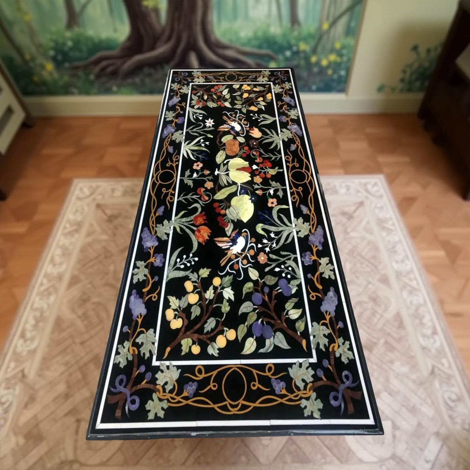 Handmade Pietra Dura Coffee Table – Black Marble with Lapis Lazuli & Semi-Precious Bird Design Unique Handicrafts IND