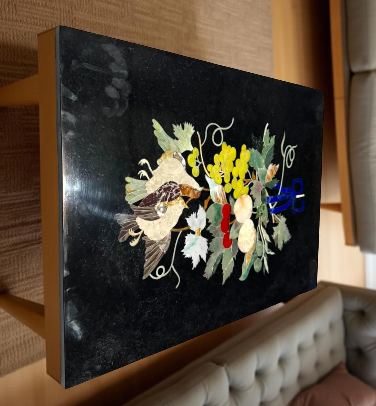 Black Marble Coffee Table – Pietra Dura Floral & Birds Inlay with Semi-Precious Stones, Handmade Artistic Decor Unique Handicrafts IND