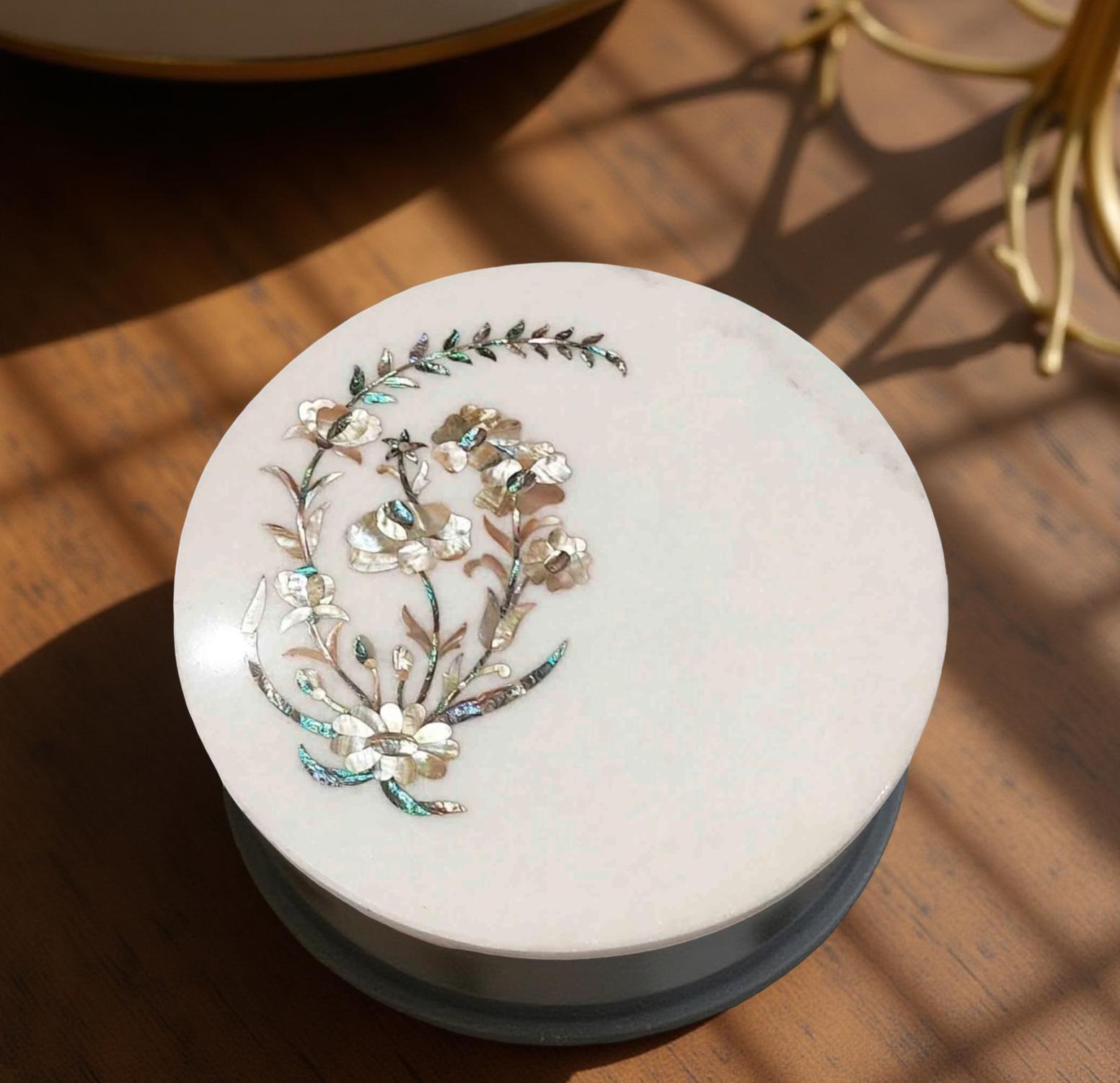 White Marble Coffee Table Top – Pietra Dura Mother of Pearls Floral Inlay Art Handmade Furniture For Home & Garden Decor Unique Handicrafts IND