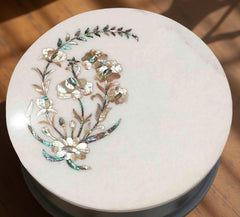 White Marble Coffee Table Top – Pietra Dura Mother of Pearls Floral Inlay Art Handmade Furniture For Home & Garden Decor Unique Handicrafts IND
