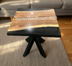 Walnut Epoxy Square Table – Black Resin Coffee, Side, or Center Table Unique Handicrafts IND