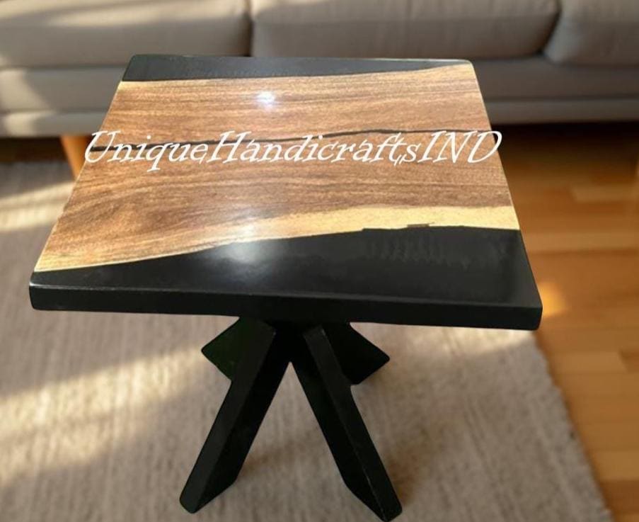 Walnut Epoxy Square Table – Black Resin Coffee, Side, or Center Table Unique Handicrafts IND