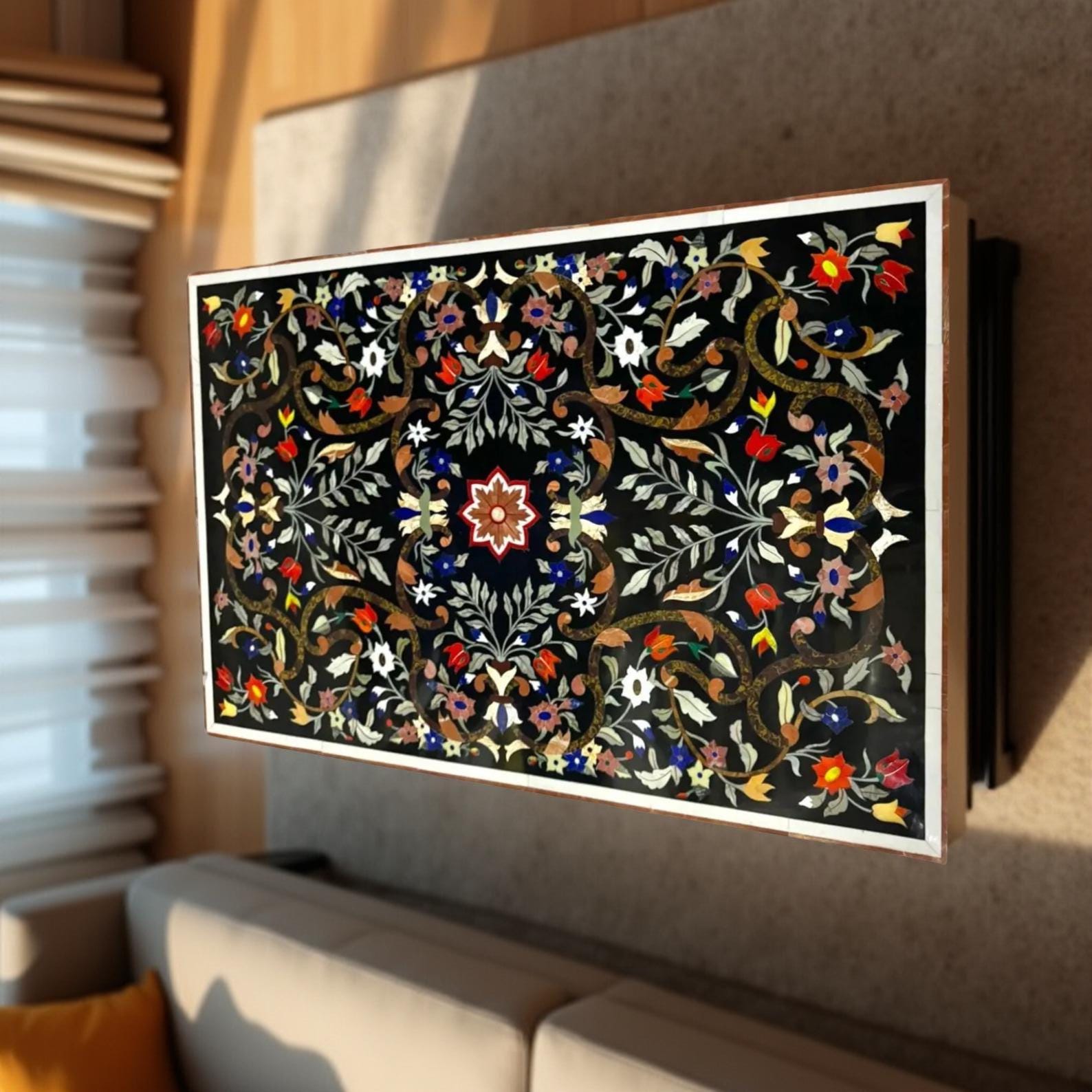 Luxury Black Marble Table Top – Semi-Precious Inlay Pietra Dura Art for Dining Room Unique Handicrafts IND