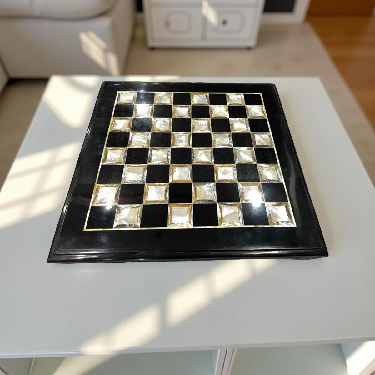 Luxury Black Marble Chess Board – Mother of Pearl Inlay, Unique Gift for Loved One Unique Handicrafts IND