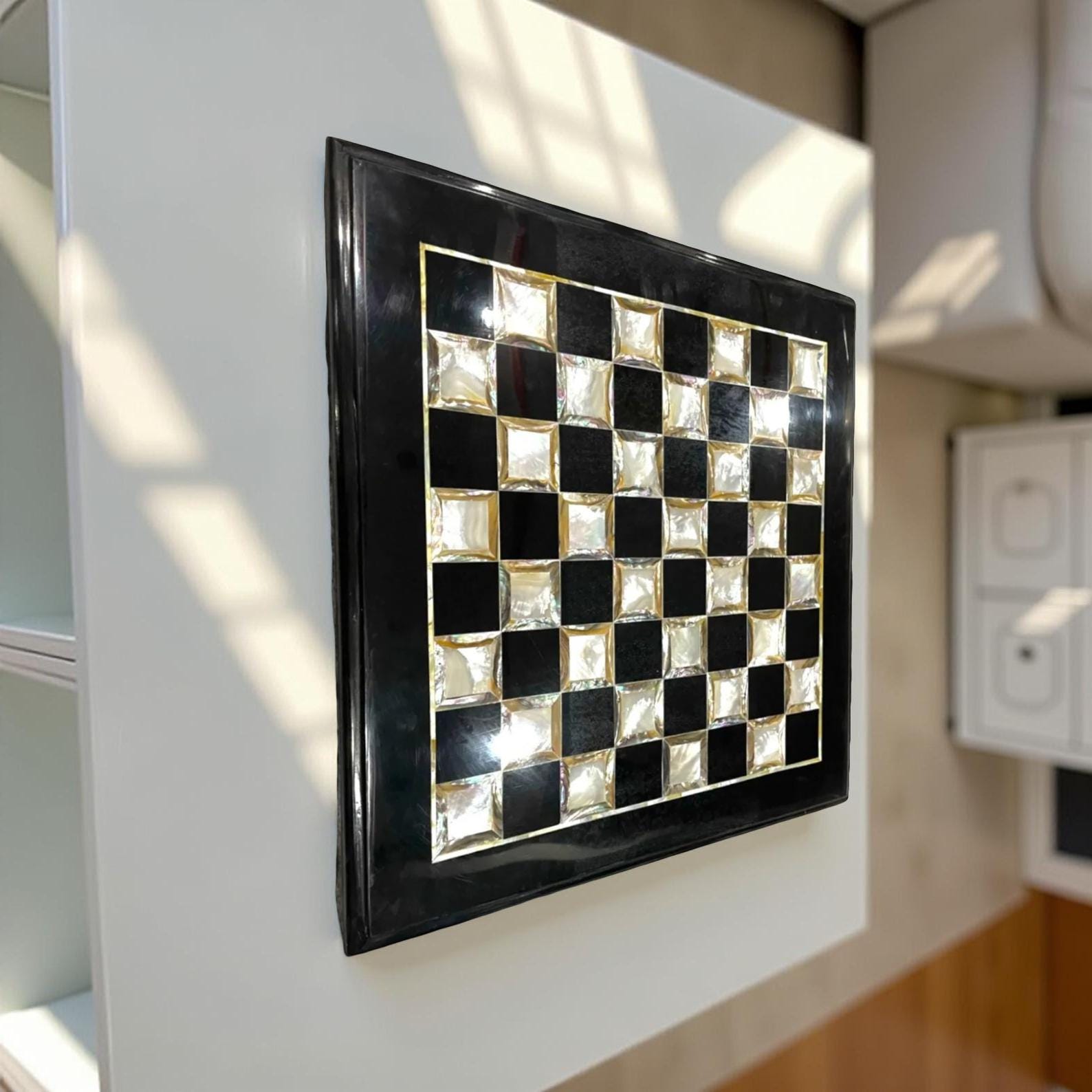 Luxury Black Marble Chess Board – Mother of Pearl Inlay, Unique Gift for Loved One Unique Handicrafts IND