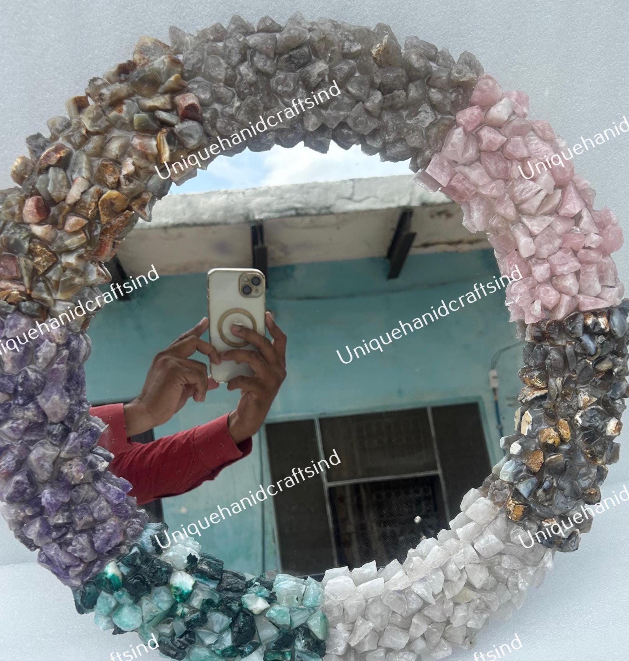 Modern Wall Mirror With 7 Chakra Real gemstone / Wall Hanging Mirror Hand carved Crystal Bathroom Interior Personalized Wedding Gift Unique Handicrafts IND