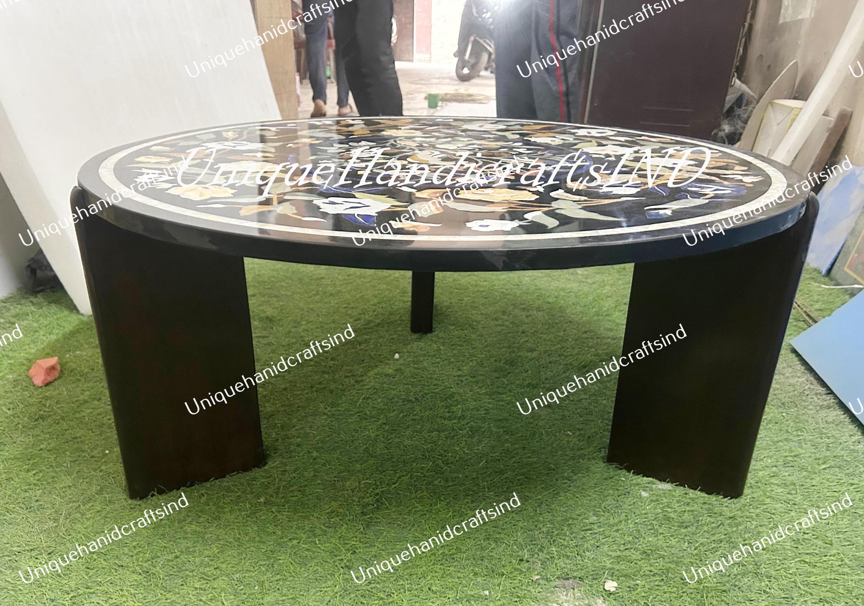 Black Marble Round Table – Pietra Dura Inlay – Semi-Precious Stone Floral & Bird Art Handmade Unique Handicrafts IND