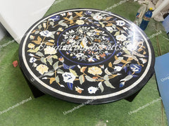 Black Marble Round Table – Pietra Dura Inlay – Semi-Precious Stone Floral & Bird Art Handmade Unique Handicrafts IND