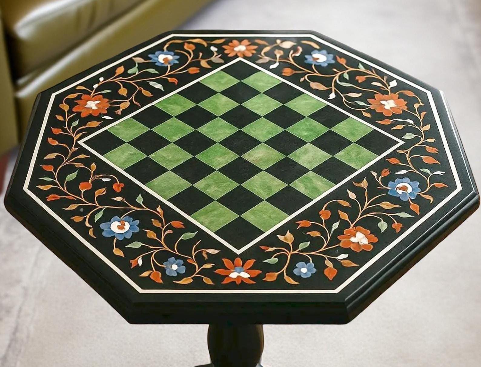Large Marble Chess Board – Semi-Precious Stone Inlay Floral Pietra Dura Art – Handmade Living Room Decor Gift for Him Unique Handicrafts IND