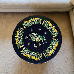 Black Marble Round Table – Handmade Pietra Dura Inlay with Semi-Precious Stone Floral & Bird Art – Luxury Home Decor Unique Handicrafts IND