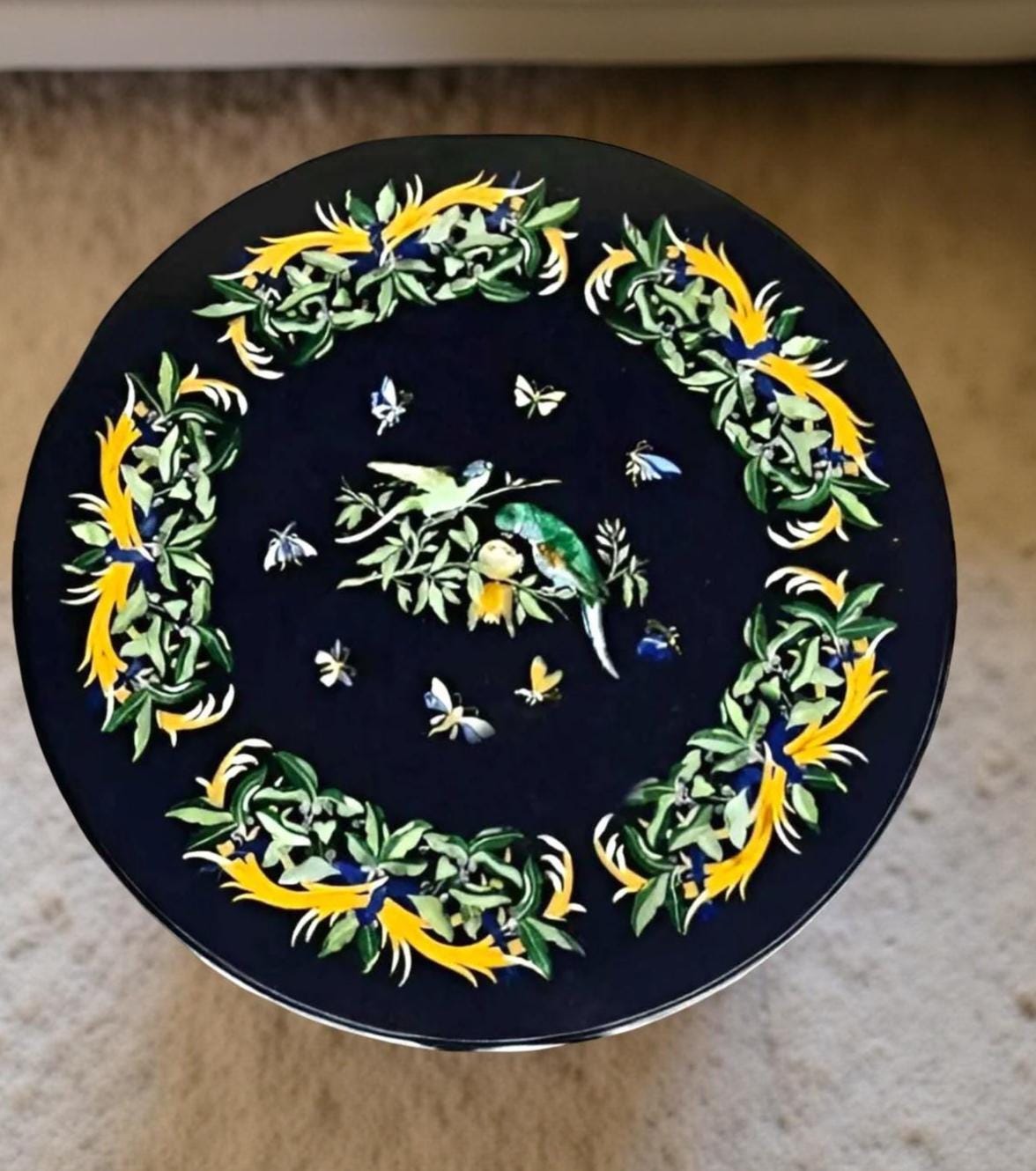 Black Marble Round Table – Handmade Pietra Dura Inlay with Semi-Precious Stone Floral & Bird Art – Luxury Home Decor Unique Handicrafts IND