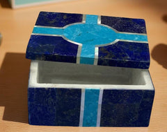 Lapis Lazuli Jewelry Box with Marble & Turquoise Inlay – Personalized Stone Art Gift for Women Unique Handicrafts IND