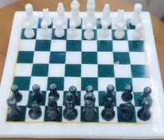 Luxurious White Marble Chess Set with Pieces – Malachite Inlay Mosaic Stone Art | Gift for Him Unique Handicrafts IND