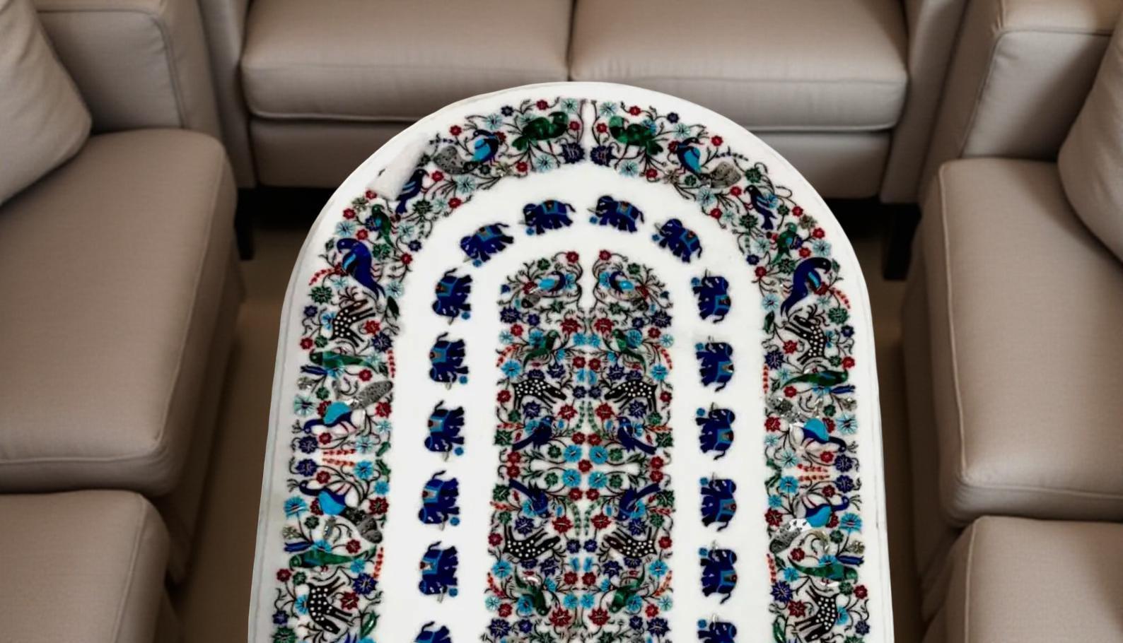 Elegant Oval Marble Dining Table – Semi-Precious Inlay Birds Art Pietra Dura Unique Handicrafts IND
