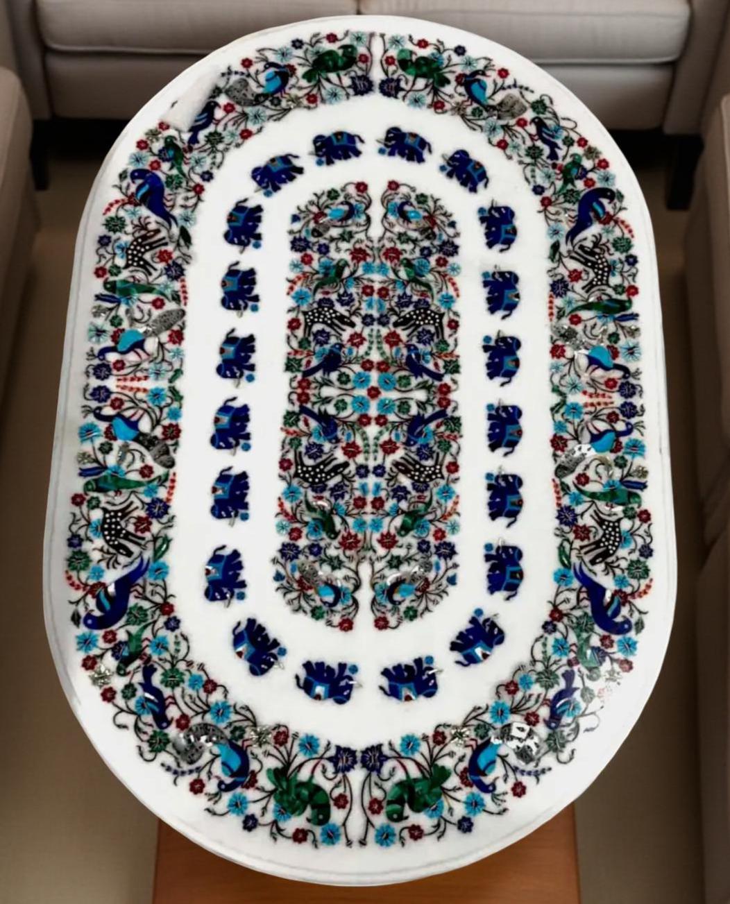 Elegant Oval Marble Dining Table – Semi-Precious Inlay Birds Art Pietra Dura Unique Handicrafts IND