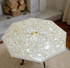 White Marble Table with Mother of Pearl Inlay – Handmade Pietra Dura Floral Art Unique Handicrafts IND