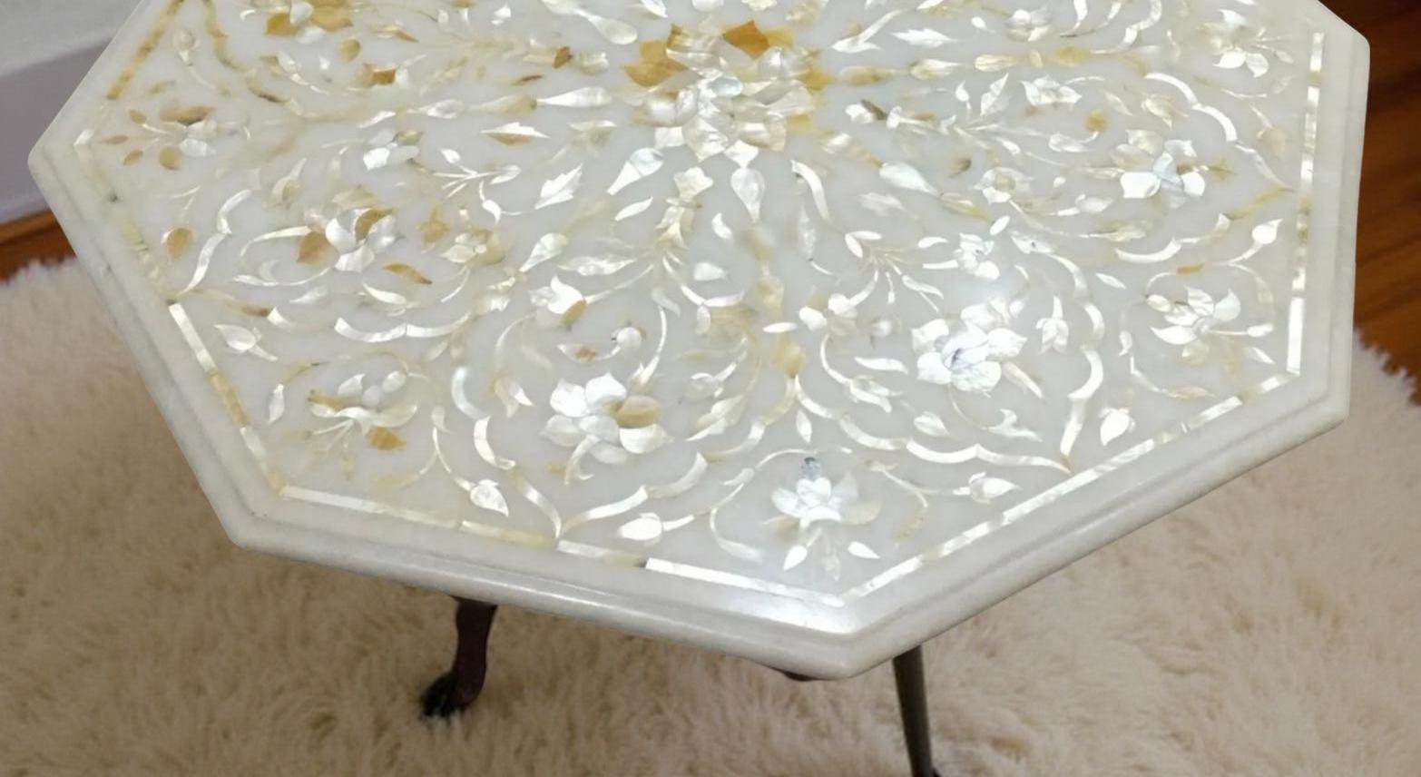 White Marble Table with Mother of Pearl Inlay – Handmade Pietra Dura Floral Art Unique Handicrafts IND