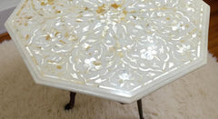 White Marble Table with Mother of Pearl Inlay – Handmade Pietra Dura Floral Art Unique Handicrafts IND