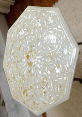 White Marble Table with Mother of Pearl Inlay – Handmade Pietra Dura Floral Art Unique Handicrafts IND