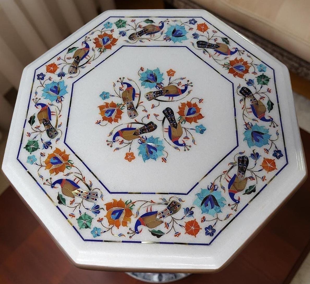Elegant White Marble Table – Semi-Precious Inlay with Lapis Lazuli Birds & Floral Design Unique Handicrafts IND