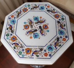 Elegant White Marble Table – Semi-Precious Inlay with Lapis Lazuli Birds & Floral Design Unique Handicrafts IND