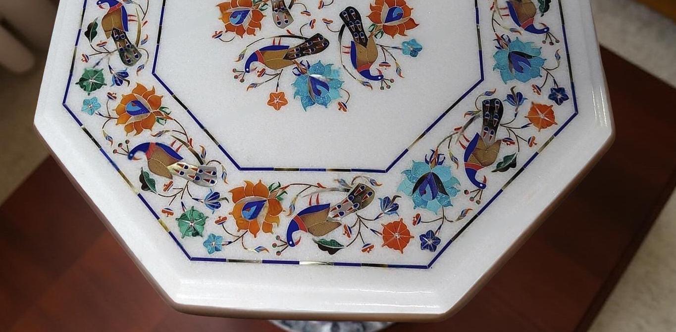Elegant White Marble Table – Semi-Precious Inlay with Lapis Lazuli Birds & Floral Design Unique Handicrafts IND