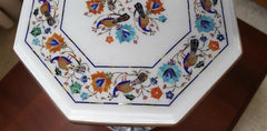 Elegant White Marble Table – Semi-Precious Inlay with Lapis Lazuli Birds & Floral Design Unique Handicrafts IND