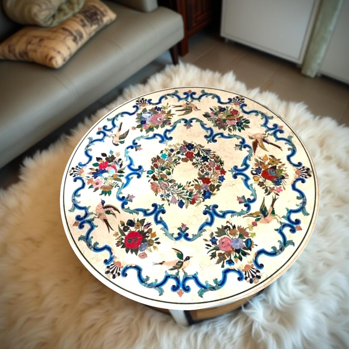White Marble Coffee Table – Pietra Dura Floral Inlay – Semi-Precious Stone Art Furniture Unique Handicrafts IND