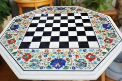 Marble Inlay Chess Table Top – Semi-Precious Floral and Birds Design, Handmade Decorative Art, Personalized Gift for Him & Her Unique Handicrafts IND