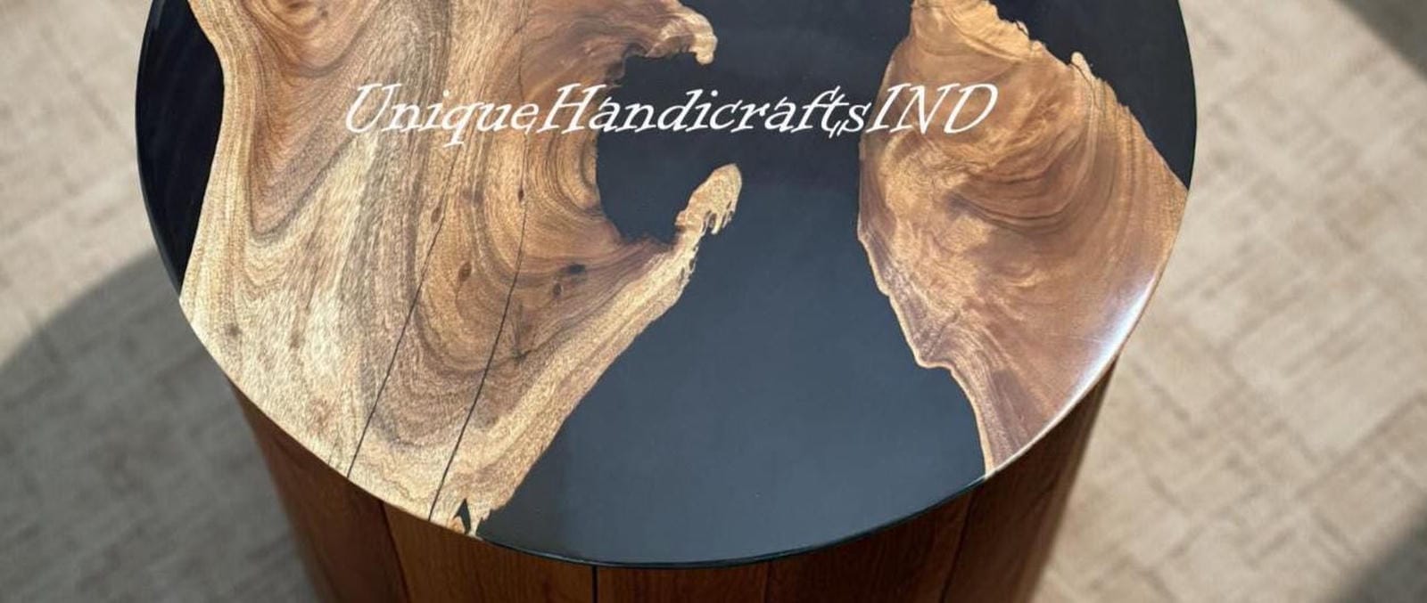 Black Epoxy Resin Round Table – Coffee Table, Dining Table, Handmade Wooden Furniture for Living Room or Home Decor Unique Handicrafts IND