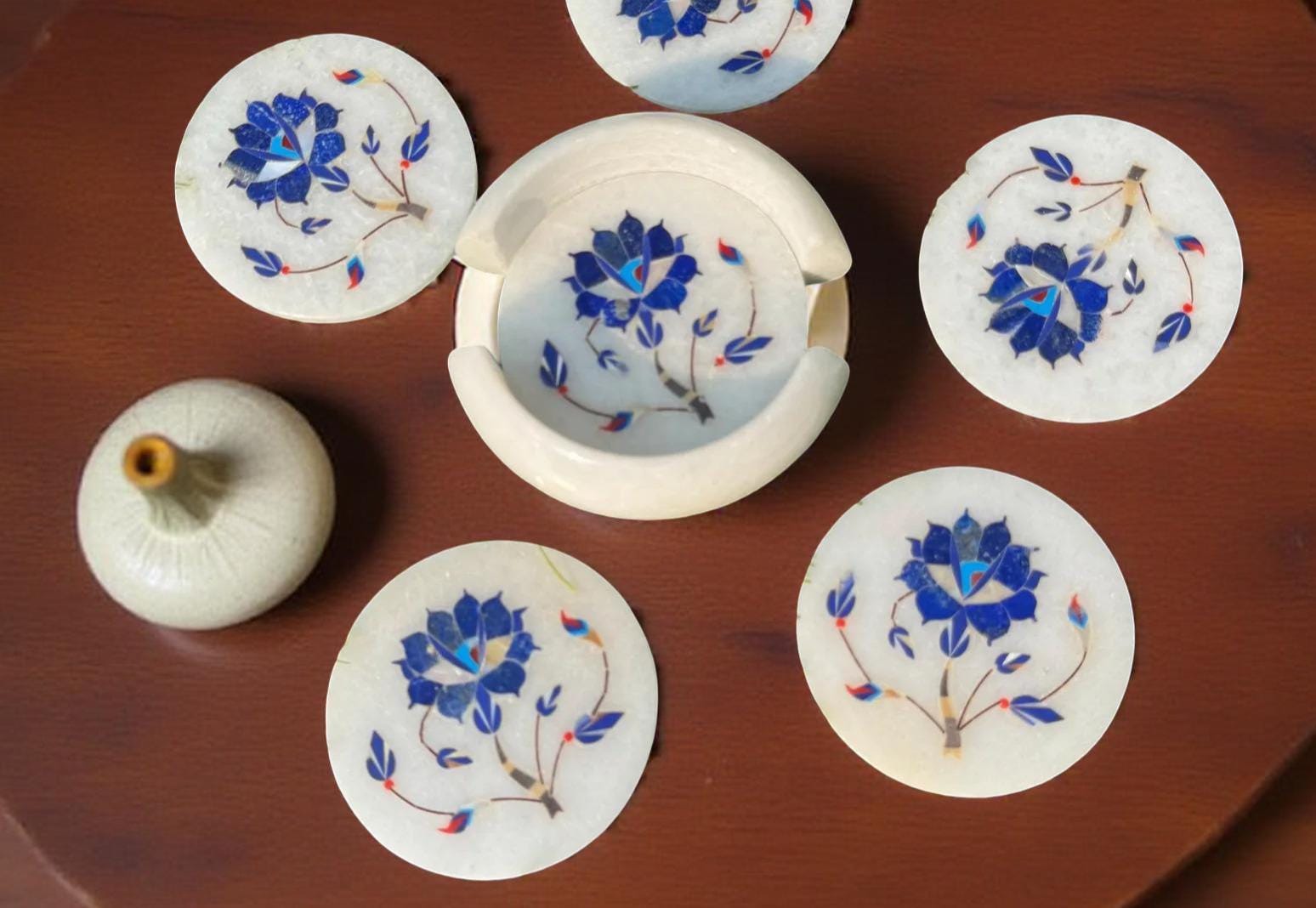 Handmade White Marble Coasters | Lapis Lazuli Inlay Floral Design Gift for Father's Day & Home Unique Handicrafts IND