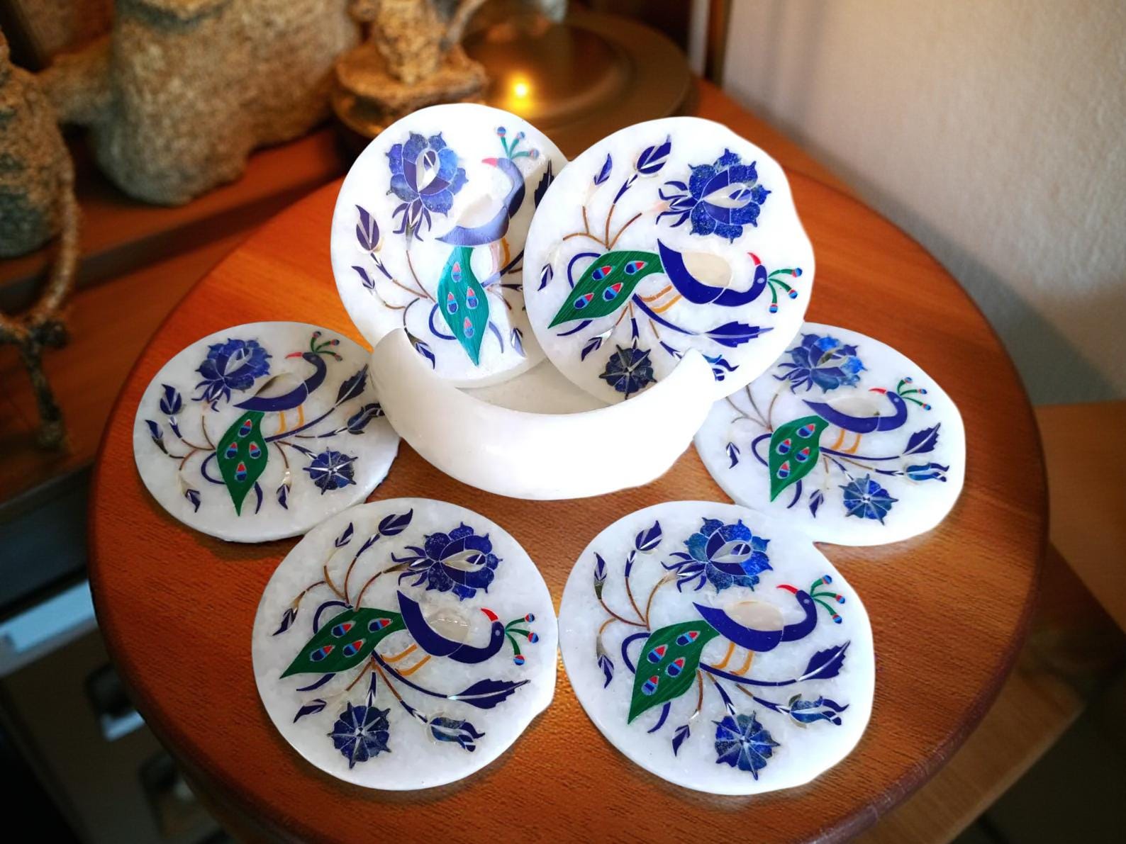 White Marble Coaster Set Handmade | Peacock Inlay with Lapis Lazuli – Gift for Him & Office Decor Unique Handicrafts IND