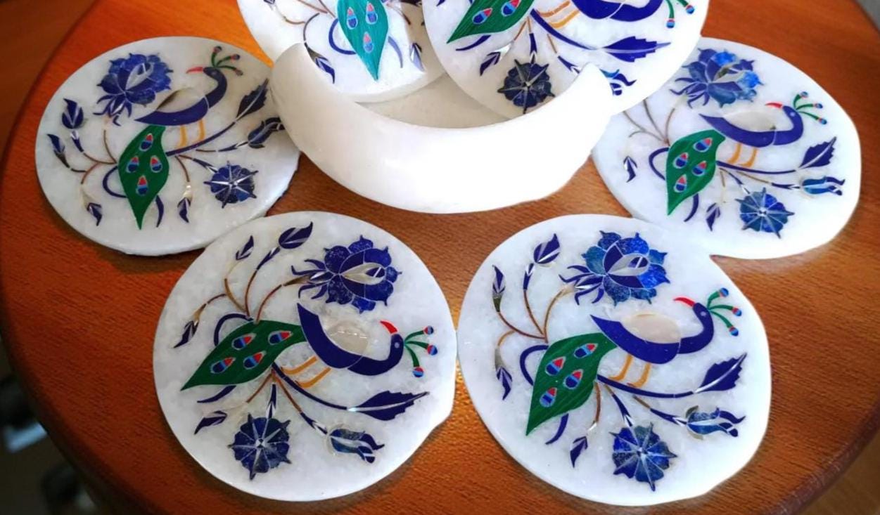 White Marble Coaster Set Handmade | Peacock Inlay with Lapis Lazuli – Gift for Him & Office Decor Unique Handicrafts IND