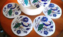 White Marble Coaster Set Handmade | Peacock Inlay with Lapis Lazuli – Gift for Him & Office Decor Unique Handicrafts IND