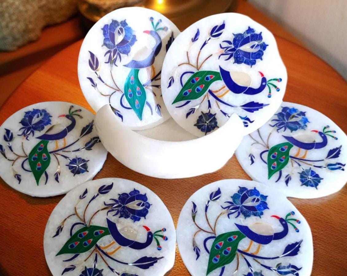 White Marble Coaster Set Handmade | Peacock Inlay with Lapis Lazuli – Gift for Him & Office Decor Unique Handicrafts IND