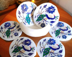 White Marble Coaster Set Handmade | Peacock Inlay with Lapis Lazuli – Gift for Him & Office Decor Unique Handicrafts IND
