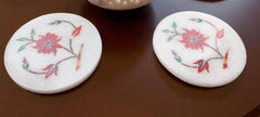 Handmade White Marble Coasters | Carnelian Stone Floral Inlay Art Gift for Him & Home Decor Unique Handicrafts IND