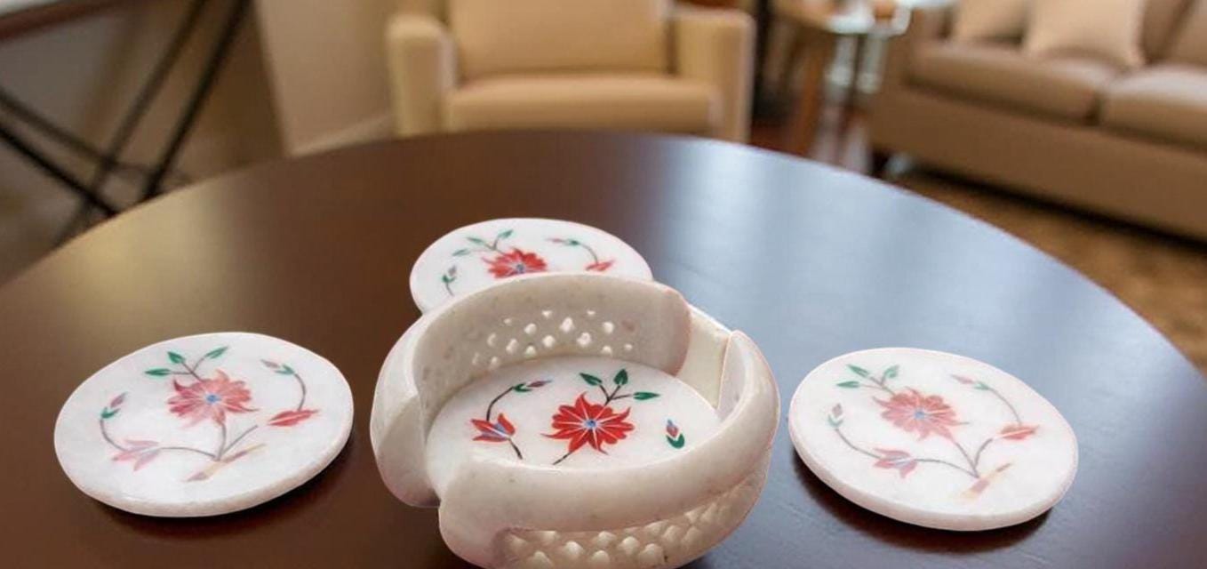 Handmade White Marble Coasters | Carnelian Stone Floral Inlay Art Gift for Him & Home Decor Unique Handicrafts IND